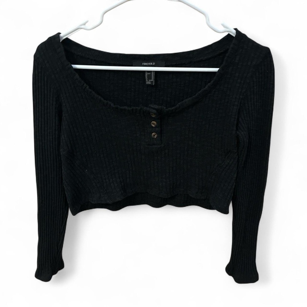 Forever 21 Black Ribbed Scoop Neck Long Sleeve Crop Top Sweater
